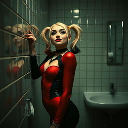 A striking scene featuring Harley Quinn in a school restroom, leaning gracefully against the wall