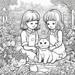 Black and white colouring book page featuring two children petting an adorable fluffy cat in a garden setting.