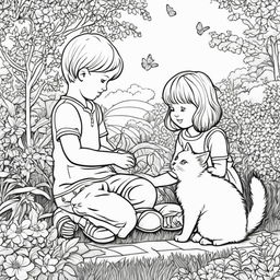 Black and white colouring book page featuring two children petting an adorable fluffy cat in a garden setting.