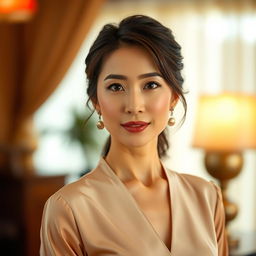 A 40-year-old Vietnamese woman with light skin and soft facial features
