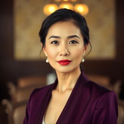 A 40-year-old Vietnamese woman with light skin and soft facial features