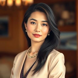 A 40-year-old Vietnamese woman with light skin and soft facial features