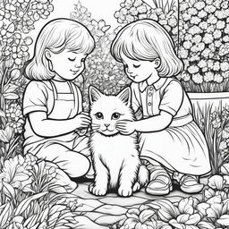 Black and white colouring book page featuring two children petting an adorable fluffy cat in a garden setting.