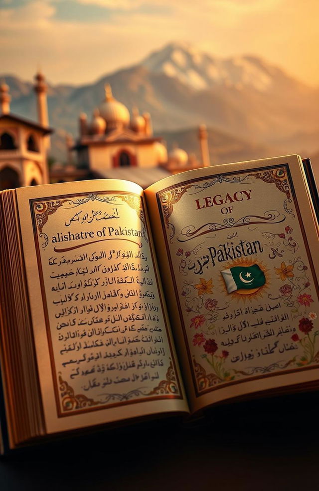 An artistic representation of a signature book titled 'Legacy of Pakistan', opened to reveal beautifully written calligraphy in elegant scripts