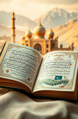 An artistic representation of a signature book titled 'Legacy of Pakistan', opened to reveal beautifully written calligraphy in elegant scripts