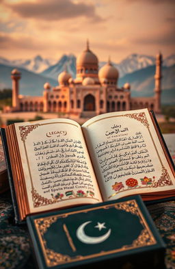An artistic representation of a signature book titled 'Legacy of Pakistan', opened to reveal beautifully written calligraphy in elegant scripts