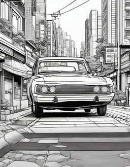 Coloring book page featuring a retro Japanese car in a Tokyo setting.