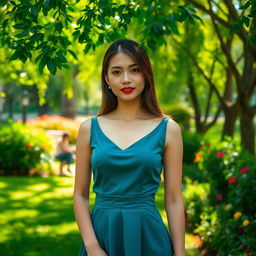 A beautiful 35-year-old Vietnamese woman with light skin, dressed elegantly, standing confidently in a lush green park