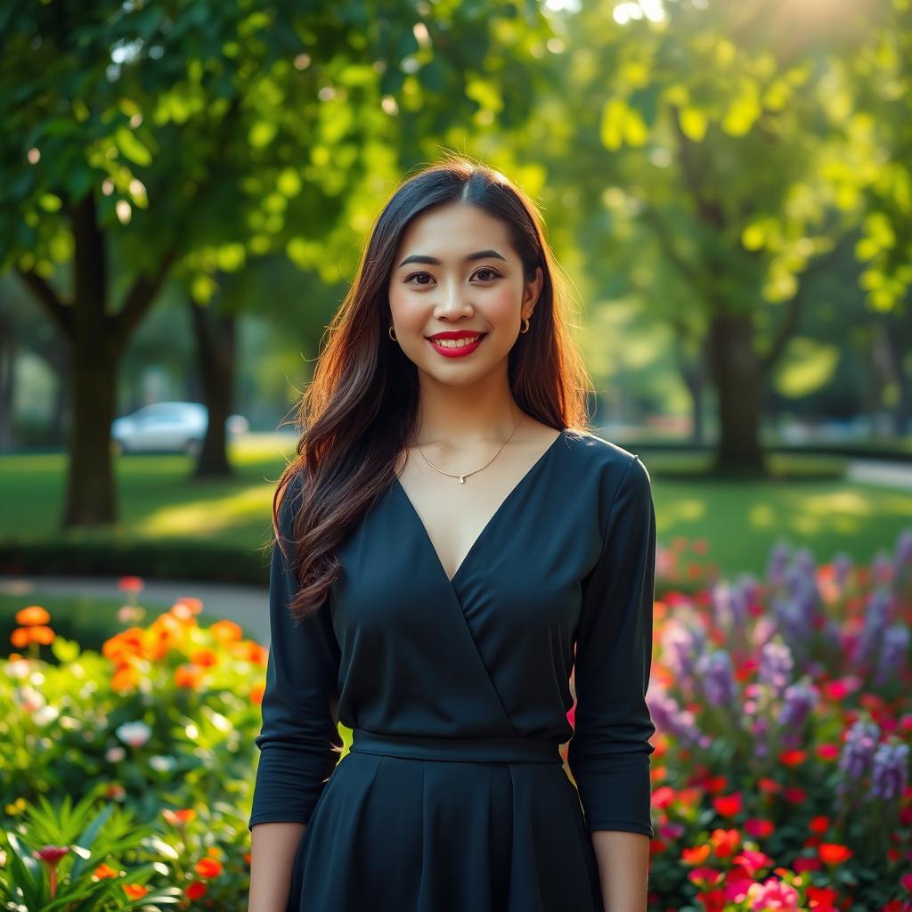 A beautiful 35-year-old Vietnamese woman with light skin, dressed elegantly, standing confidently in a lush green park