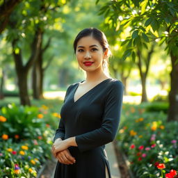 A beautiful 35-year-old Vietnamese woman with light skin, dressed elegantly, standing confidently in a lush green park