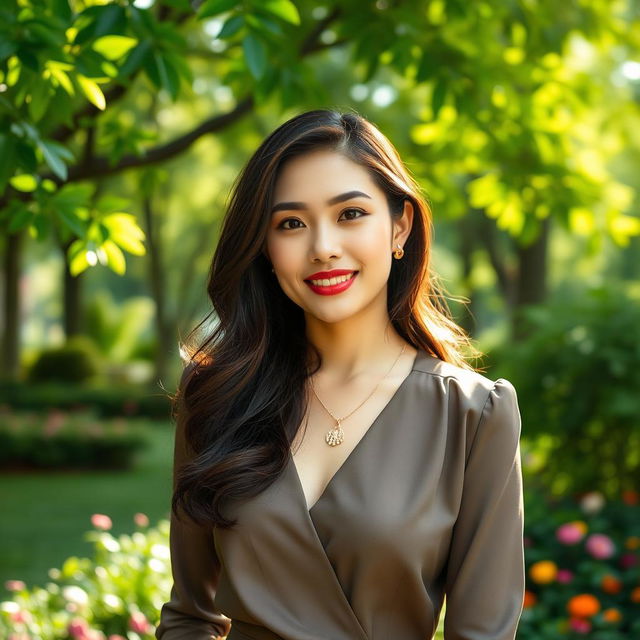 A beautiful 35-year-old Vietnamese woman with light skin, dressed elegantly, standing confidently in a lush green park