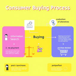 An illustrated infographic depicting the consumer buying process, showcasing a flowchart divided into distinct stages