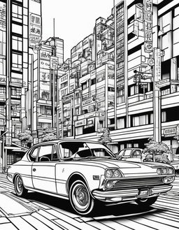 Coloring book page featuring a retro Japanese car in a Tokyo setting.