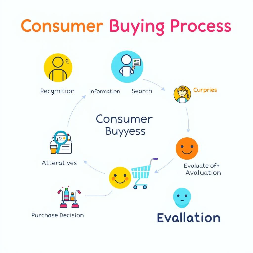 An illustrated infographic depicting the consumer buying process, showcasing a flowchart divided into distinct stages