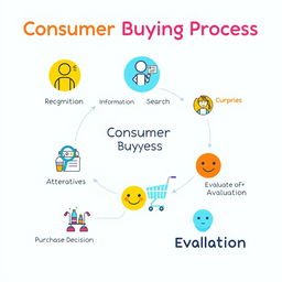 An illustrated infographic depicting the consumer buying process, showcasing a flowchart divided into distinct stages