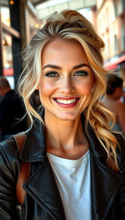 A 35-year-old American woman with lovely light blonde hair, exuding a confident and friendly aura