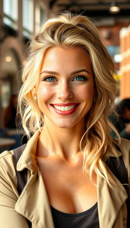 A 35-year-old American woman with lovely light blonde hair, exuding a confident and friendly aura