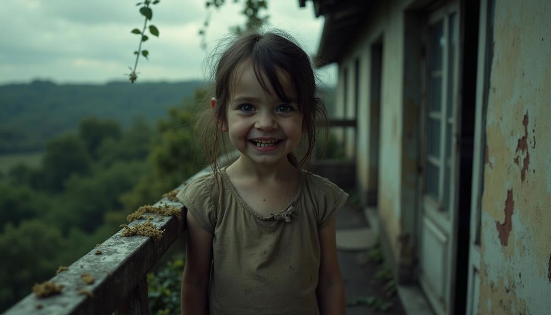 A hauntingly vivid scene depicting a 5-year-old girl standing on a balcony