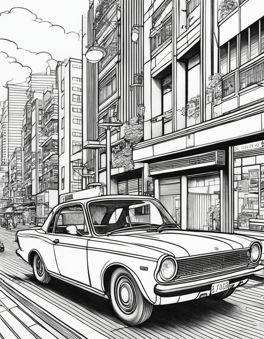 Coloring book page featuring a retro Japanese car in a Tokyo setting.