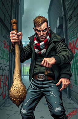 An illustration that encapsulates the tension and dark humor of a football hooligan book titled 'Sheep's Leg' by Keith Charlton, focusing on a rugged, intense man wielding a sheep's leg as an unconventional weapon