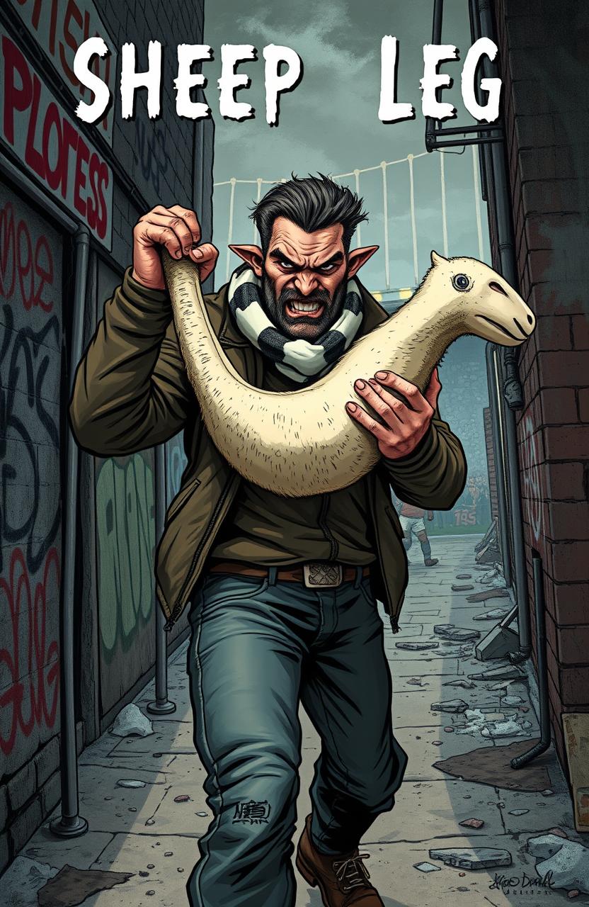 An illustration that encapsulates the tension and dark humor of a football hooligan book titled 'Sheep's Leg' by Keith Charlton, focusing on a rugged, intense man wielding a sheep's leg as an unconventional weapon