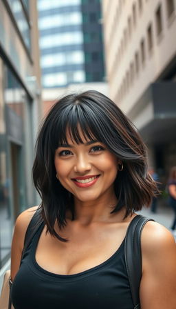 A 35-year-old American woman with striking dark hair, embodying a confident and approachable persona