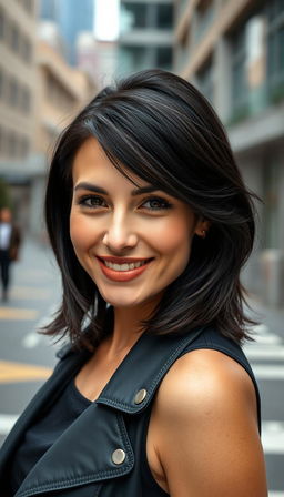 A 35-year-old American woman with striking dark hair, embodying a confident and approachable persona