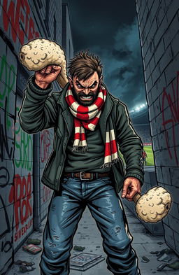 An illustration that encapsulates the tension and dark humor of a football hooligan book titled 'Sheep's Leg' by Keith Charlton, focusing on a rugged, intense man wielding a sheep's leg as an unconventional weapon