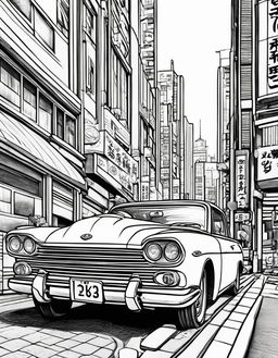 Coloring book page featuring a retro Japanese car in a Tokyo setting.