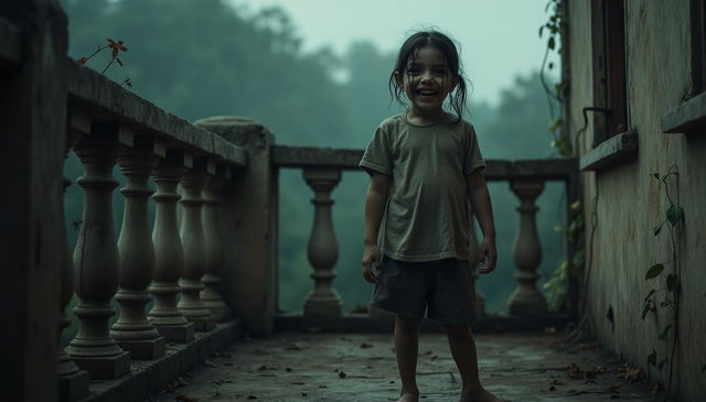 A chilling scene featuring a 5-year-old girl standing alone on a balcony, her face adorned with a big, unsettling smile that appears scary and exaggerated