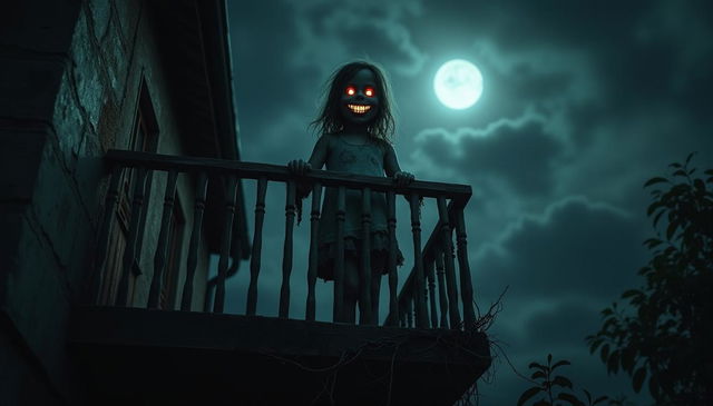 An eerie night scene featuring a 5-year-old girl standing on a creaky balcony, her face illuminated by a haunting moonlight glow