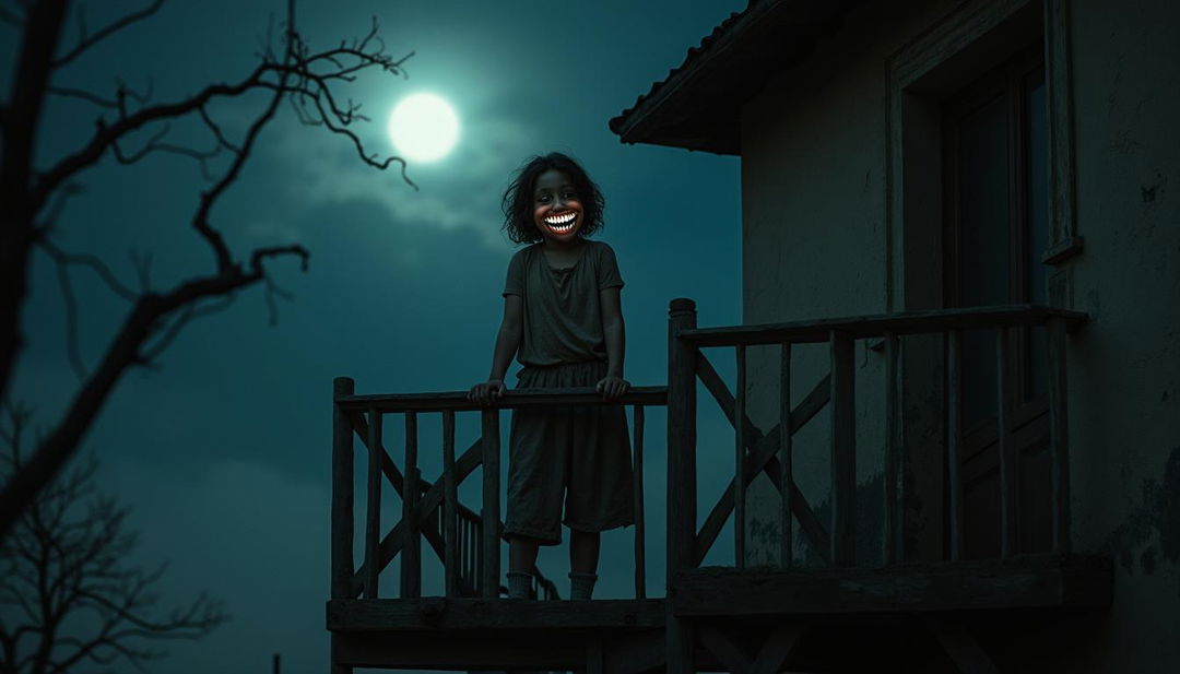 A chilling nighttime scene featuring a 5-year-old girl standing on a balcony under a dark sky, illuminated by a pale moon