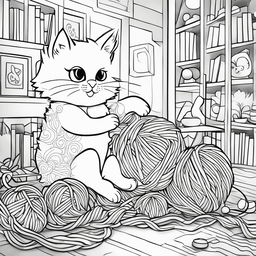 Black and white colouring book page featuring an adorable fluffy cat playing with a ball of yarn in a cozy room.