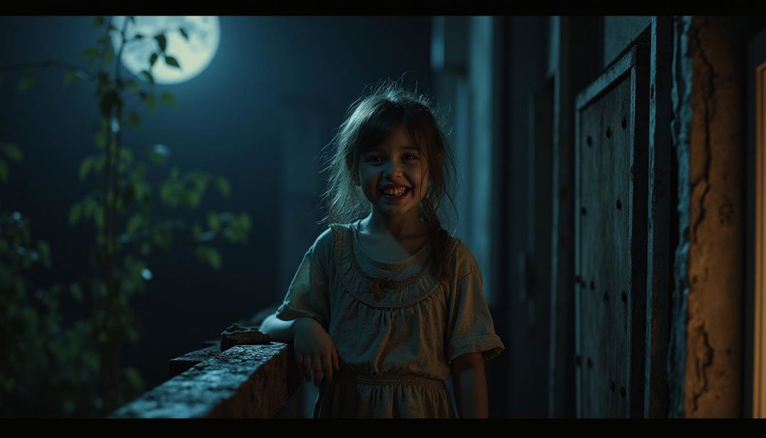 A chilling nighttime scene featuring a 5-year-old girl on a dimly lit balcony