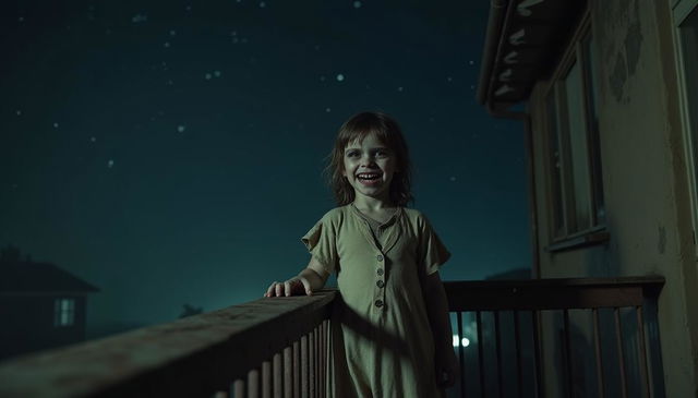 A chilling nighttime scene featuring a 5-year-old girl standing on a balcony under a dark, starless sky