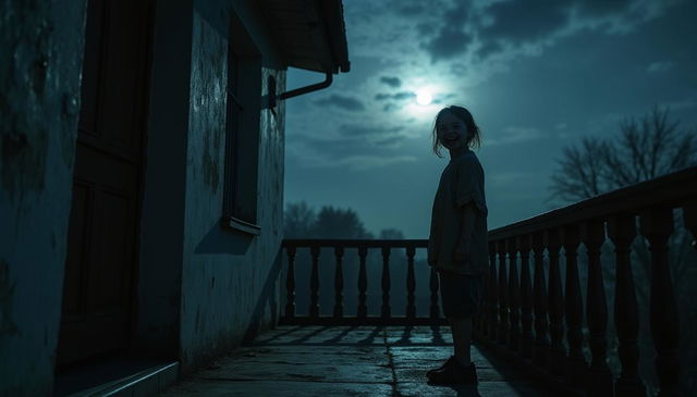 A chilling nighttime scene featuring a 5-year-old girl standing alone on an old, creaky balcony