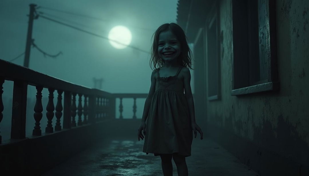 A chilling nighttime scene featuring a 5-year-old girl standing alone on a balcony during a dark and creepy night