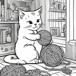 Black and white colouring book page featuring an adorable fluffy cat playing with a ball of yarn in a cozy room.