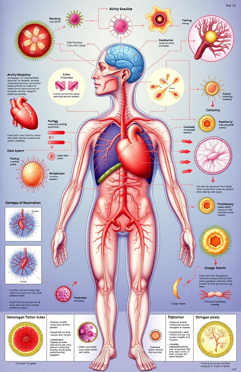 A detailed illustration depicting the complex processes of human pathophysiology, including diagrams of various organ systems such as the cardiovascular, respiratory, and nervous systems