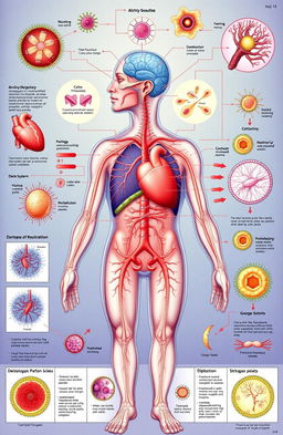 A detailed illustration depicting the complex processes of human pathophysiology, including diagrams of various organ systems such as the cardiovascular, respiratory, and nervous systems