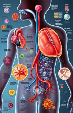 A detailed illustration depicting the complex processes of human pathophysiology, including diagrams of various organ systems such as the cardiovascular, respiratory, and nervous systems