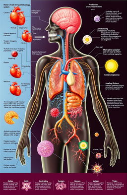 A detailed illustration depicting the complex processes of human pathophysiology, including diagrams of various organ systems such as the cardiovascular, respiratory, and nervous systems