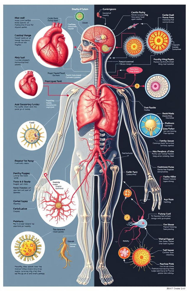 A detailed illustration depicting the complex processes of human pathophysiology, including diagrams of various organ systems such as the cardiovascular, respiratory, and nervous systems