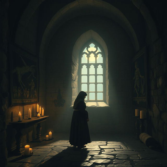 A melancholic scene inspired by medieval poetry, featuring a sorrowful figure reflecting on the loss of their father