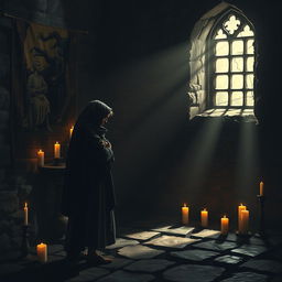 A melancholic scene inspired by medieval poetry, featuring a sorrowful figure reflecting on the loss of their father