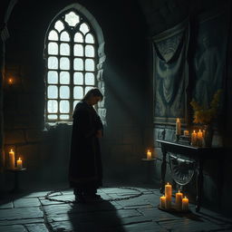 A melancholic scene inspired by medieval poetry, featuring a sorrowful figure reflecting on the loss of their father