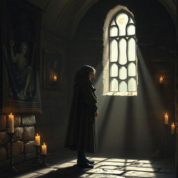 A melancholic scene inspired by medieval poetry, featuring a sorrowful figure reflecting on the loss of their father