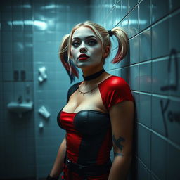A striking portrayal of Harley Quinn in a school restroom, leaning casually against the wall