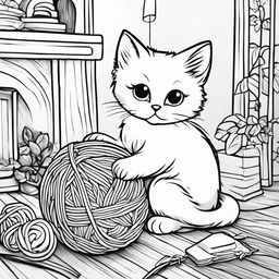 Black and white colouring book page featuring an adorable fluffy cat playing with a ball of yarn in a cozy room.