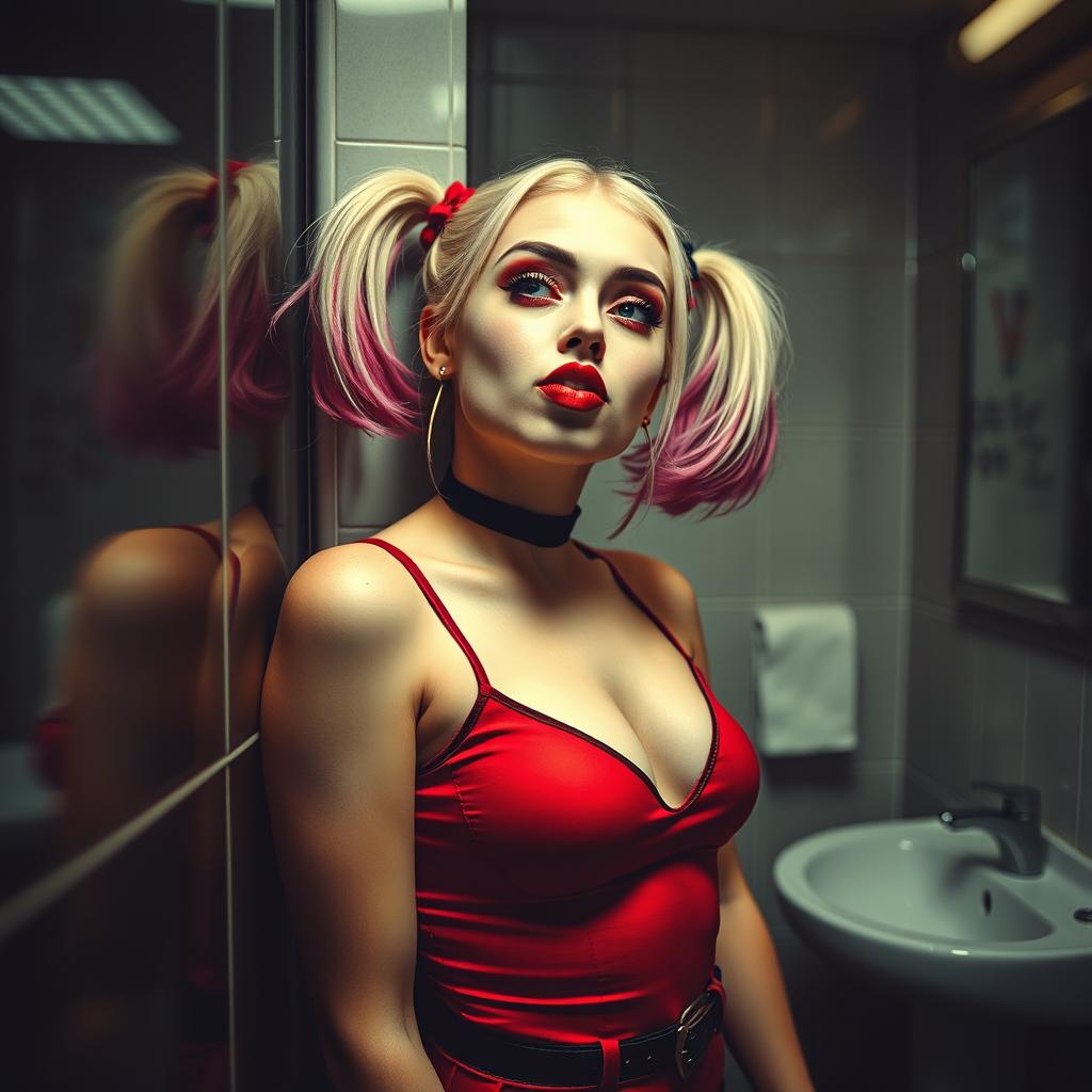 A striking portrayal of Harley Quinn in a school restroom, leaning casually against the wall